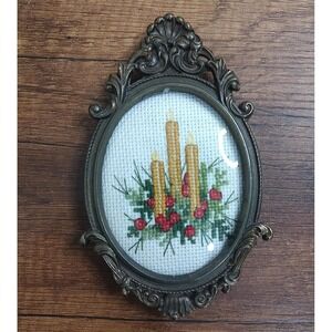 Vintage Handmade Embroidered Christmas Candle Holly Cross Stitch Art Metal Frame
